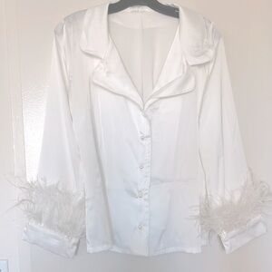 White Silk Pajamas with Decorative Feathers and Pearls.
